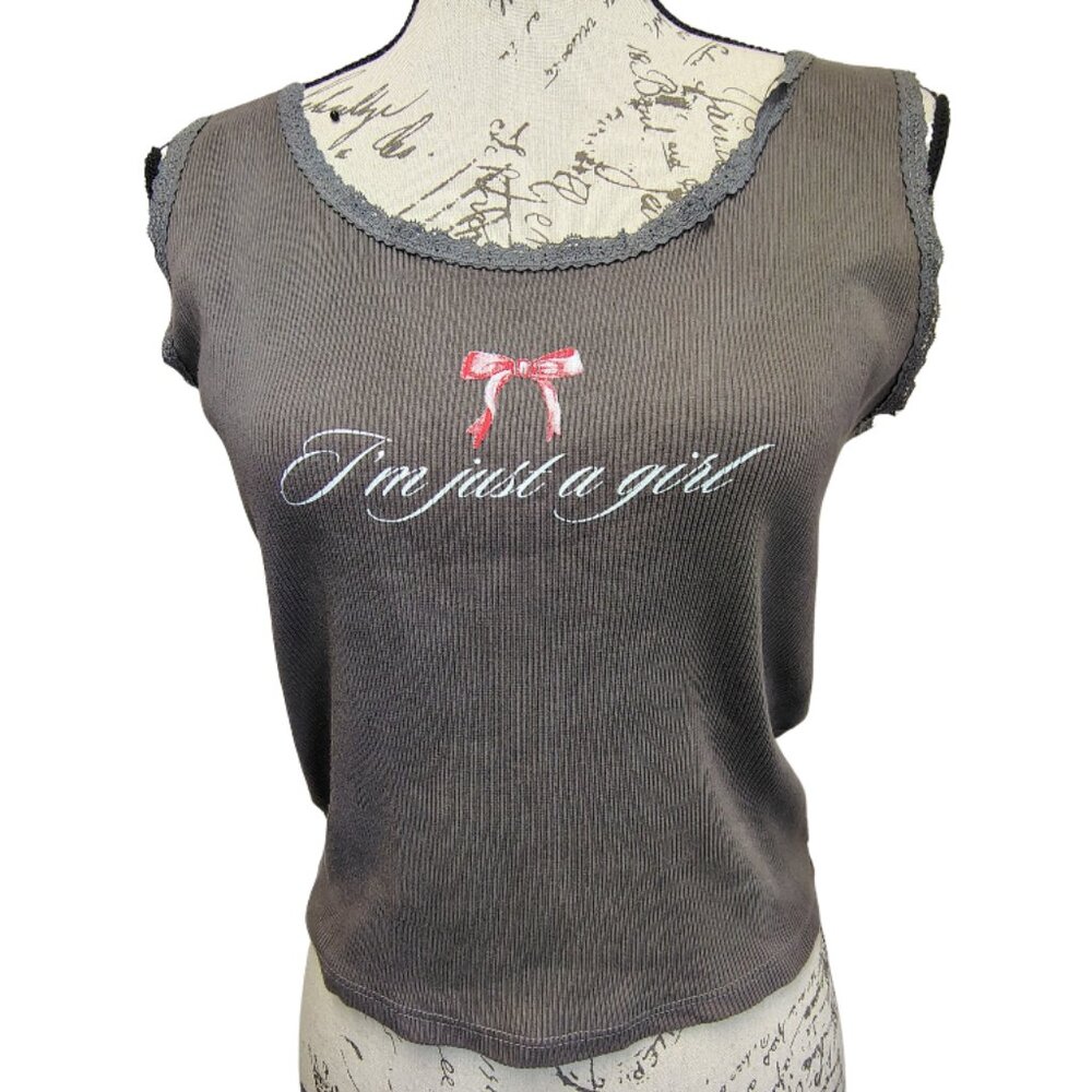 Womens Y2K Ribbed Lace Trim Graphic Tank Top "Im‎ Just a Girl" XL Retro No Doubt